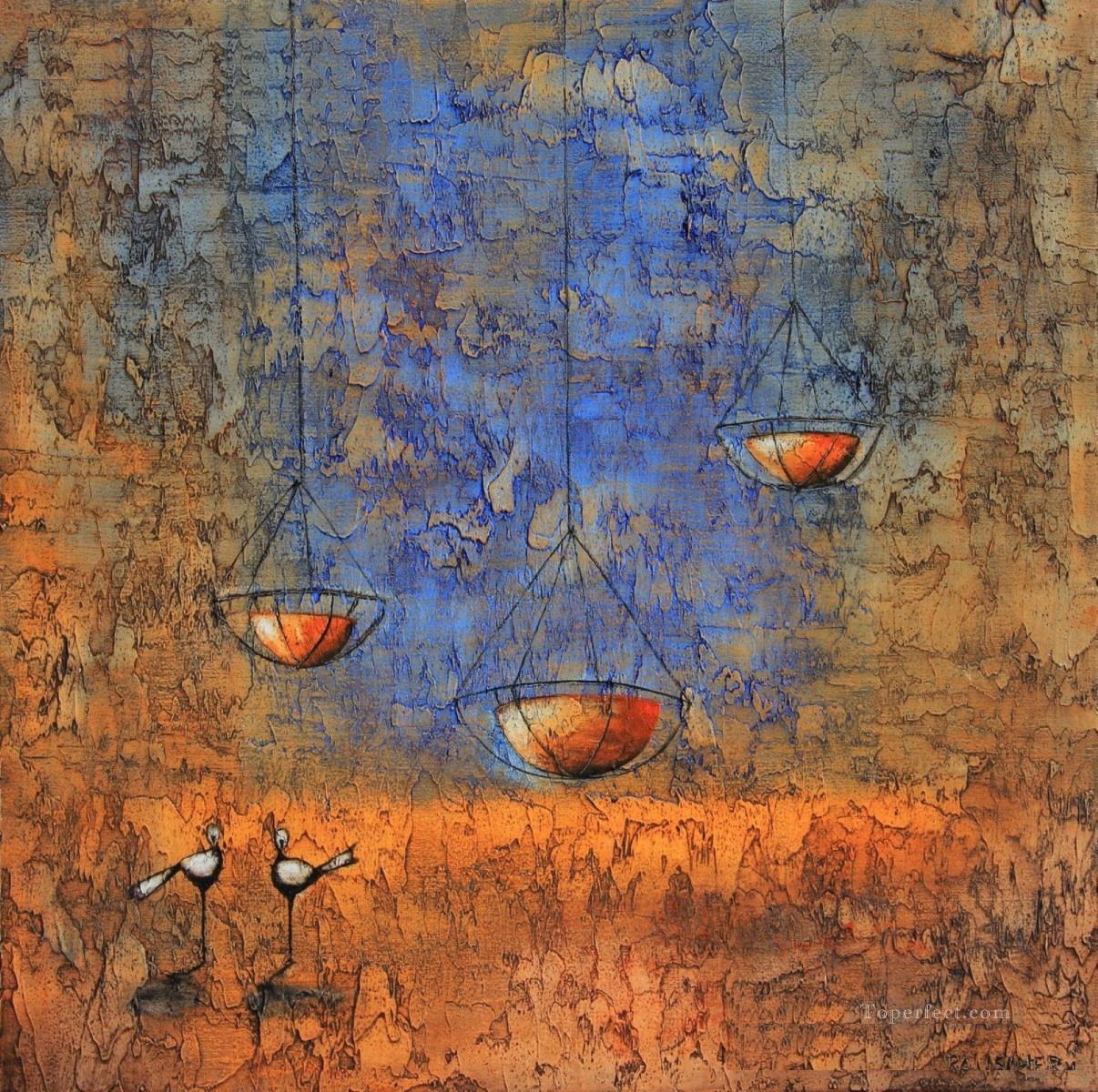 鳥とボウル アフリカ油絵
